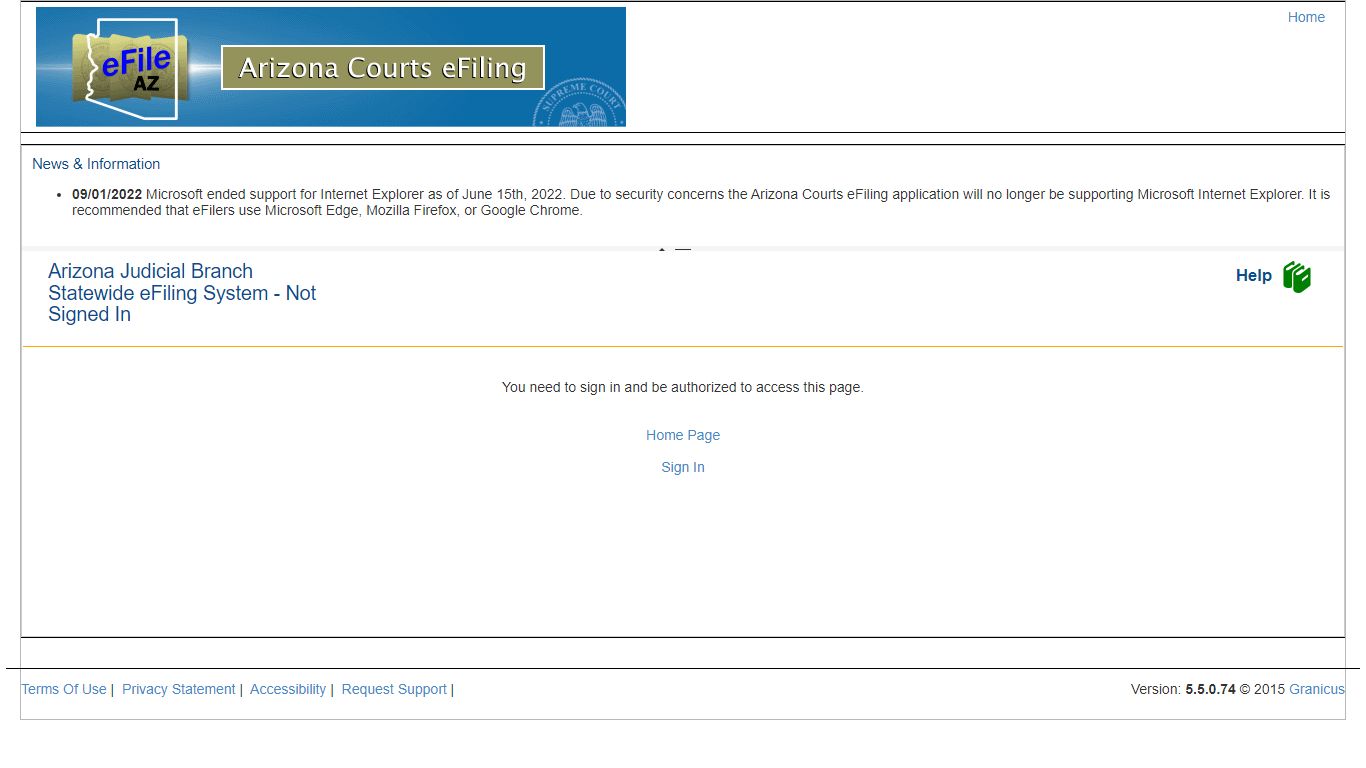 Arizona Judicial Branch Statewide eFiling System - Not Signed In